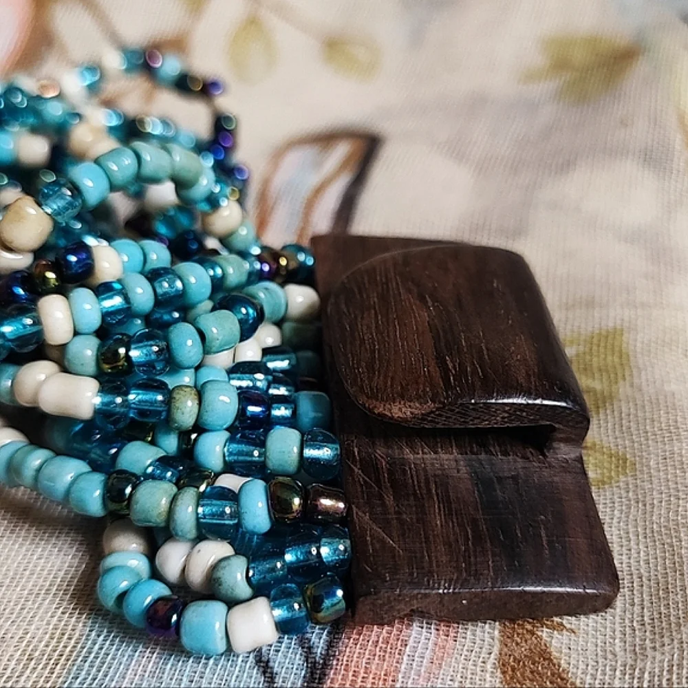 Wood Clasp Seed Beaded Blue Turquoise Cream Twisted Stretch Vintage Bracelet MCM